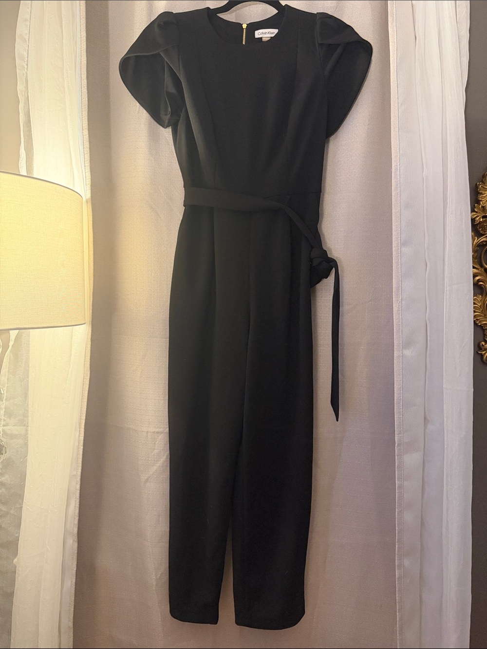 Calvin Klein Black Puff-Sleeve Belted Jumpsuit